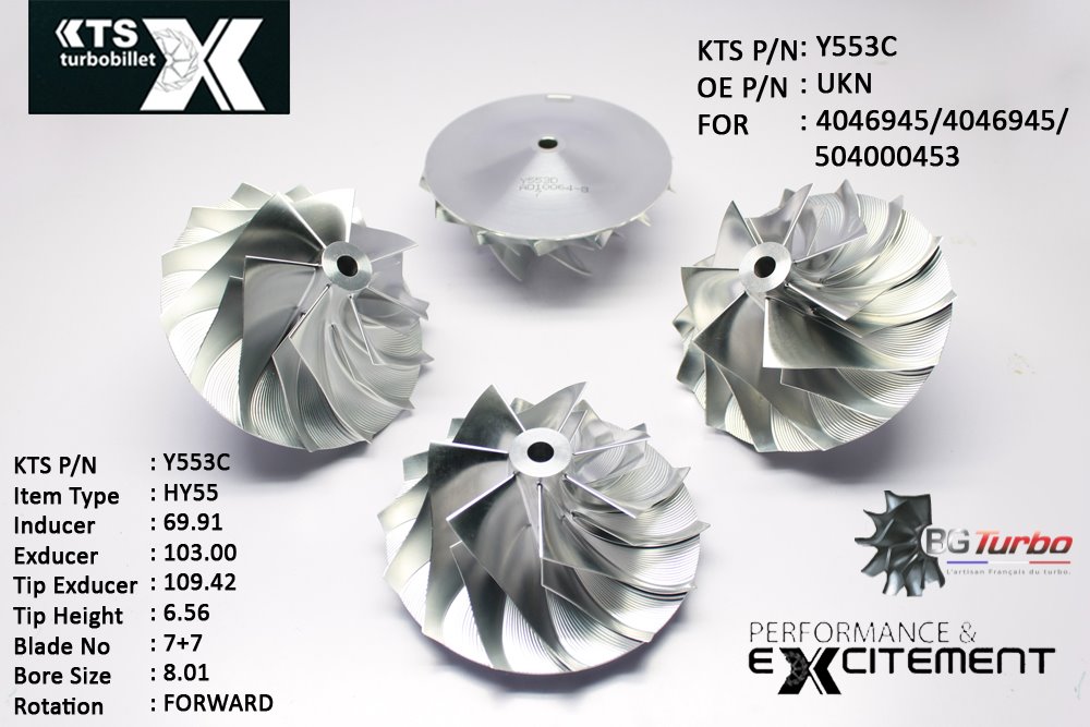 Turbo ROUE FORGÉE MFS PERFORMANCE - 7+7 PALES - INDUCER : 69,91 - EXDUCER : 103 - TYPE : HE500VG/HY55VANGLE : 50° - ROTATION : Forward - SUPER BACK : 7,81 - BORE SIZE : 8,01
